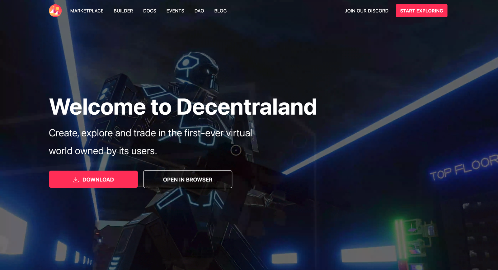 Screenshot of the homepage of Decentraland, a met averse company.